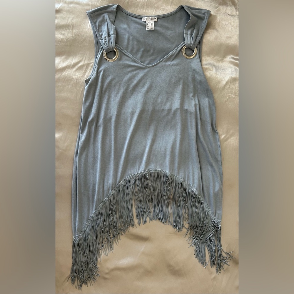 Ice Blue Fringe Hem Tank Top